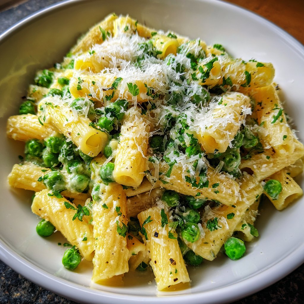 Rigatoni mit Erbsen und Parmesan