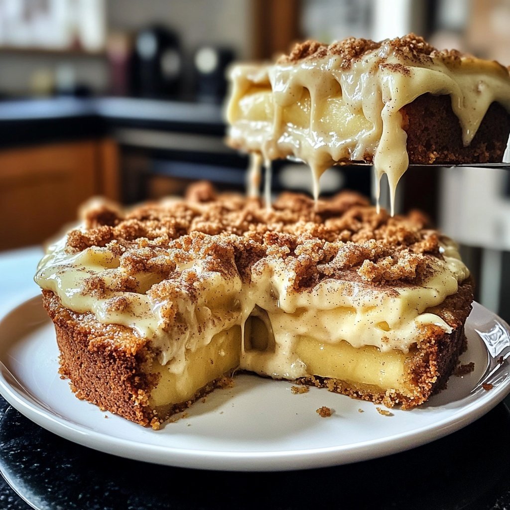 Traditioneller Apfelkuchen mit Pudding und Zimtstreuseln