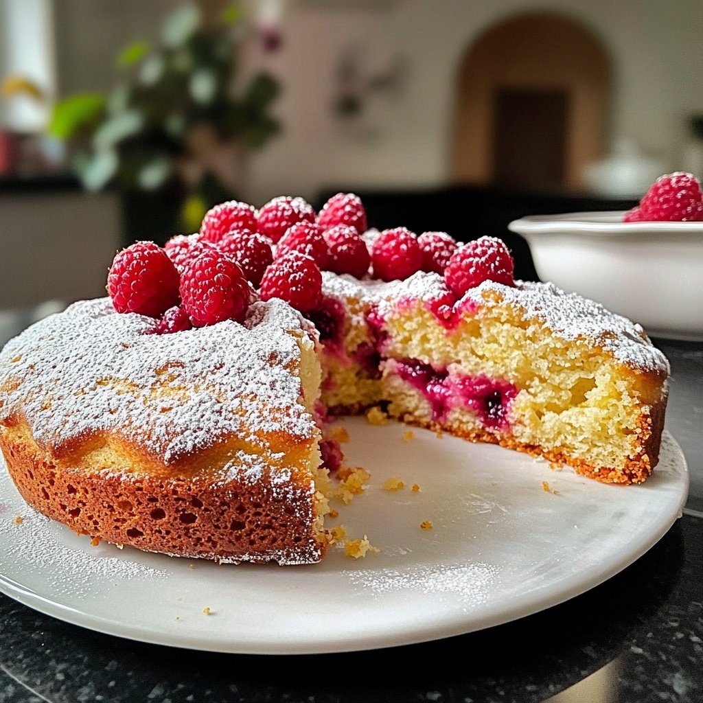 Zitronenkuchen mit Himbeeren